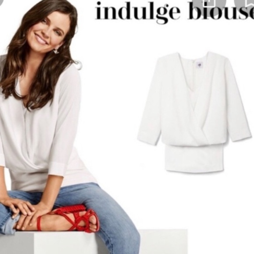 Cabi White Indulge Surplice Front Blouse Relaxed Fit V-Neck, EUC Sz Lg Ret $99